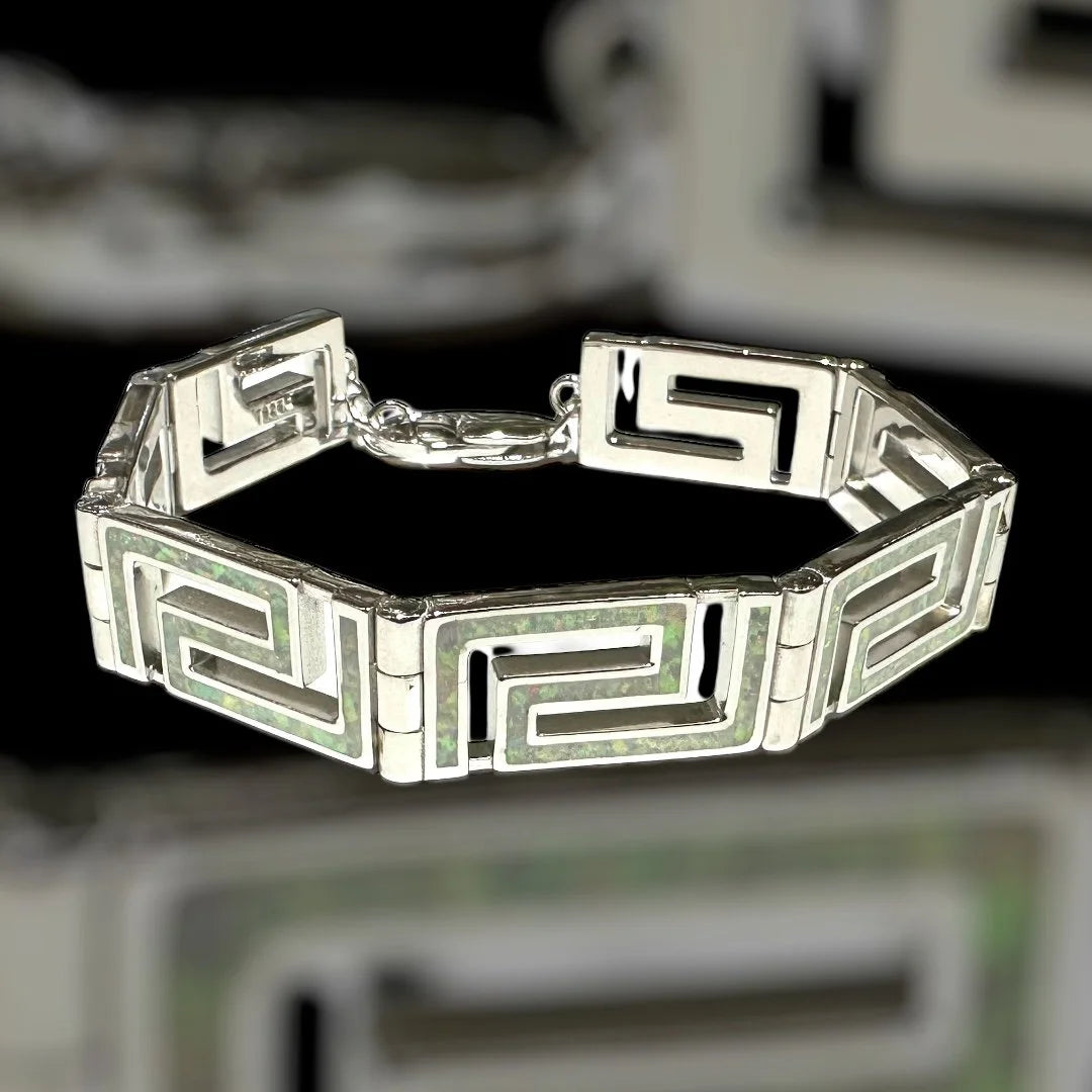 44316-K5-925 STERLING SILVER LAB GROWN GREEK KEY STYLE BLUE OPAL BRACELET-44316-K5