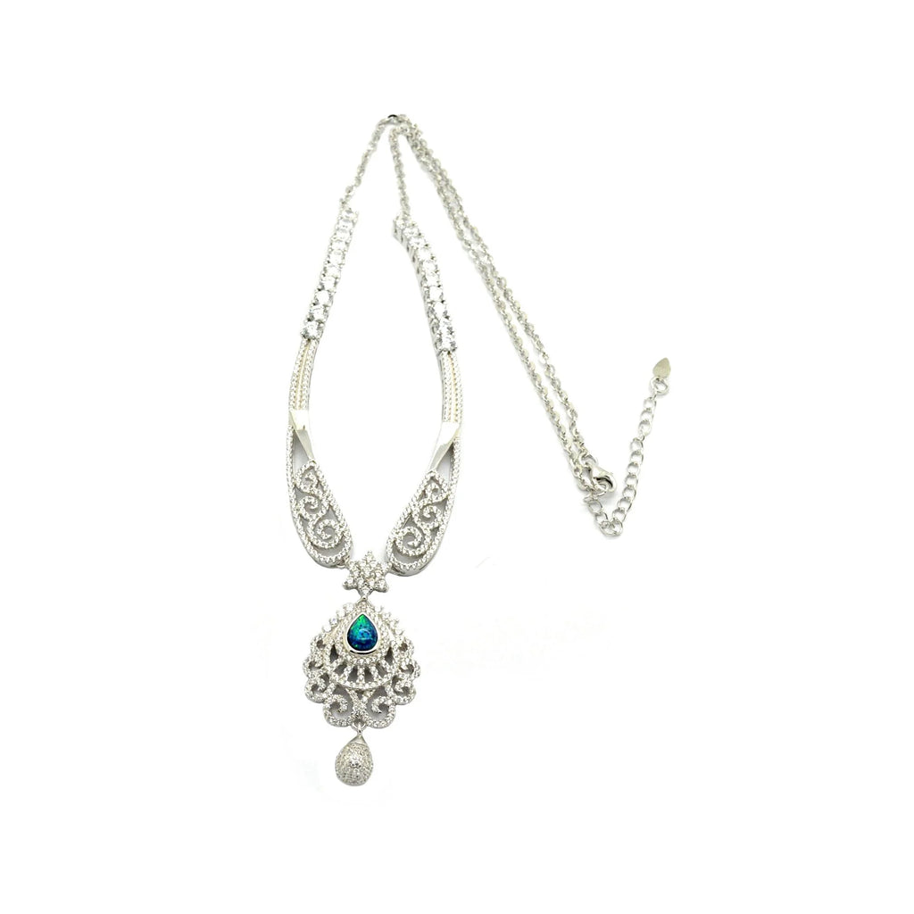 925 STERLING SILVER WHITE CZ, OPAL, SULTNITE , DROP VINTAGE PRINCESS NECKLACE -55042-WCZ