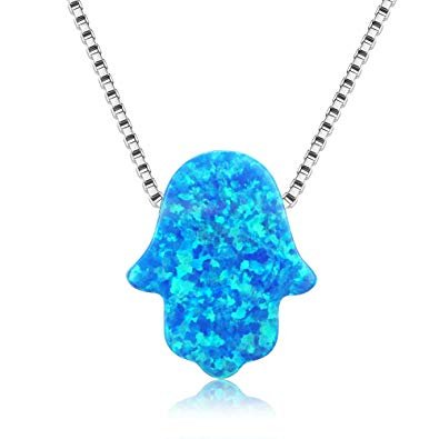 925 STERLING SILVER SIMULATED  BLUE OPAL HAND OF FATIMA NECKLACES-55OP01-K5