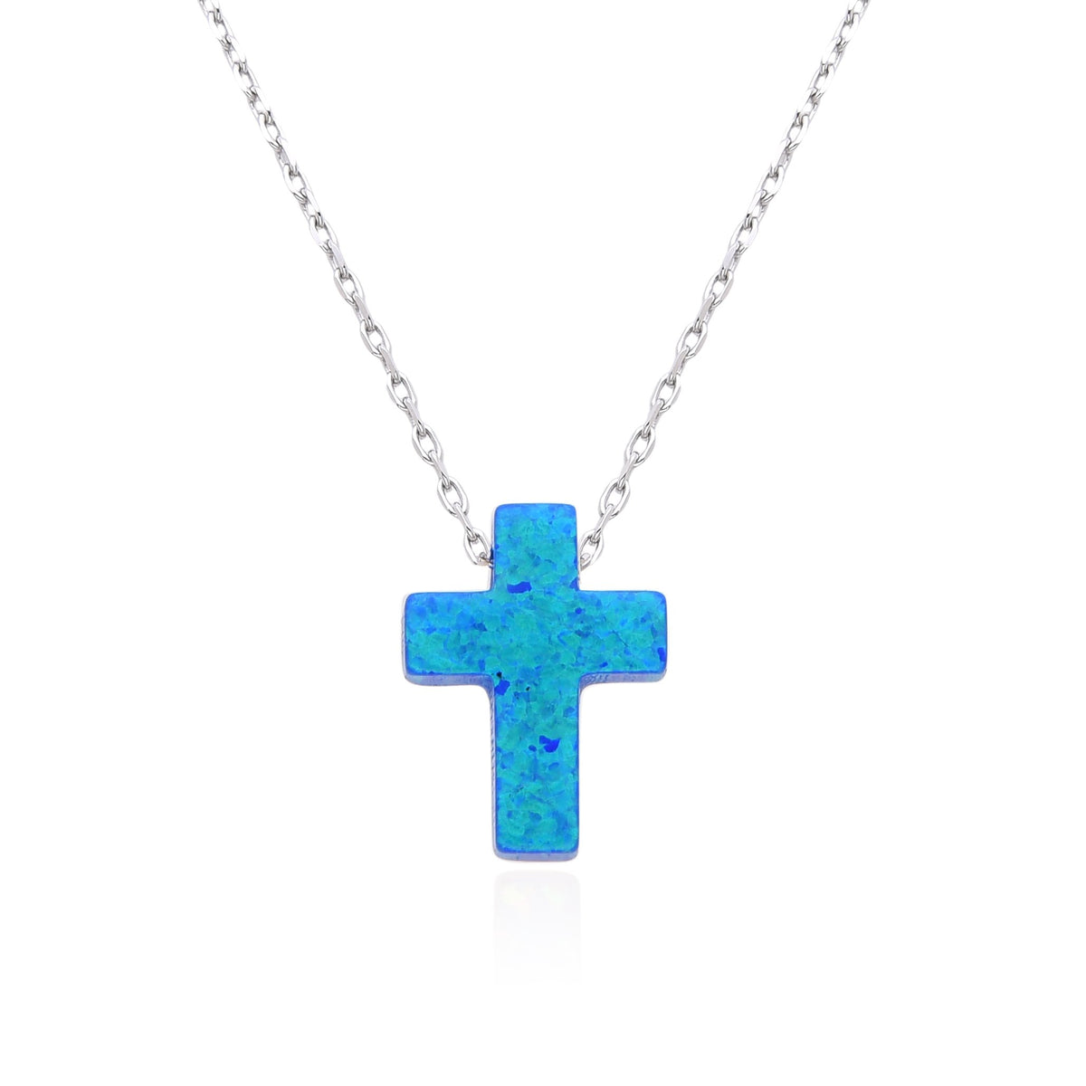 925 Sterling Silver Lab Grown Blue Opal Cross necklace -55op02-k5