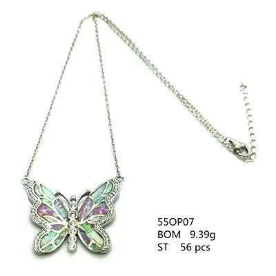 925 STERLING SILVER SIMULATED  BLUE OPAL BUTTERFLY NECKLACES-55OP07-K5