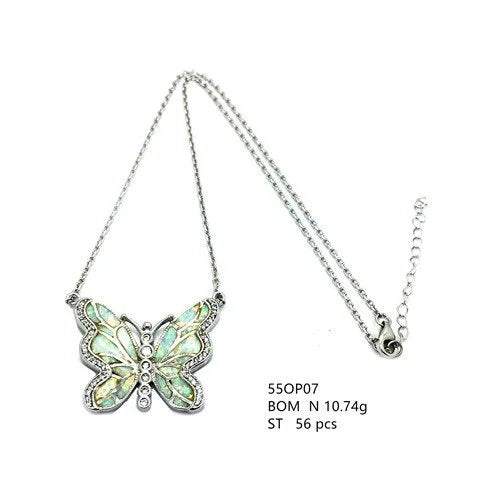925 STERLING SILVER SIMULATED  BLUE OPAL BUTTERFLY NECKLACES-55OP07-K5