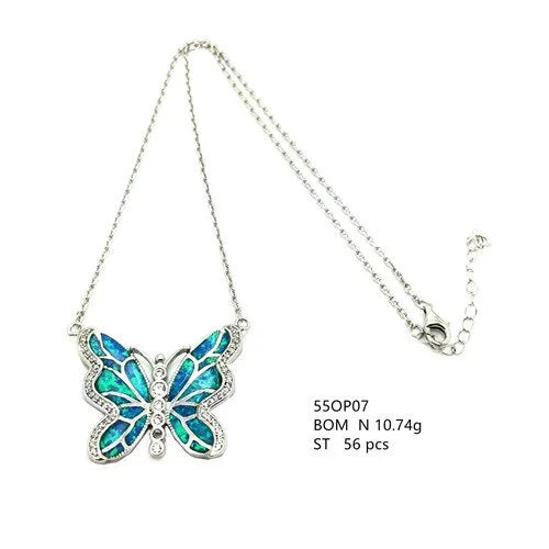 925 STERLING SILVER SIMULATED  BLUE OPAL BUTTERFLY NECKLACES-55OP07-K5