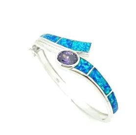 925 STERLING SILVER LAB GROWN INLAID SETTING BLUE OPAL  WITH CZ MYSTIC TOPAZ STONE BANGLE, 7.5 “= 57MM DIAMETER , 66OP03-K5