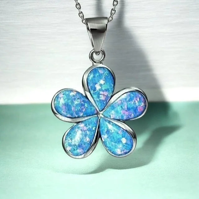 925 Sterling Silver Lab Grown Blue  and white Opal 14mm Plumeria Flower Pendant-33op01-14
