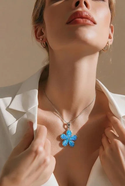 925 Sterling Silver Lab Grown Blue  and white Opal 12mm Plumeria Flower Pendant-33op01-12