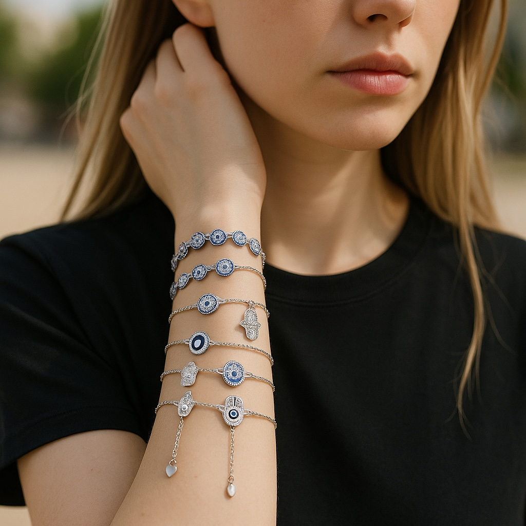 44CZ62-BL-925 Sterling Silver Blue Eye Adjustable Bracelet -44cz62-BL
