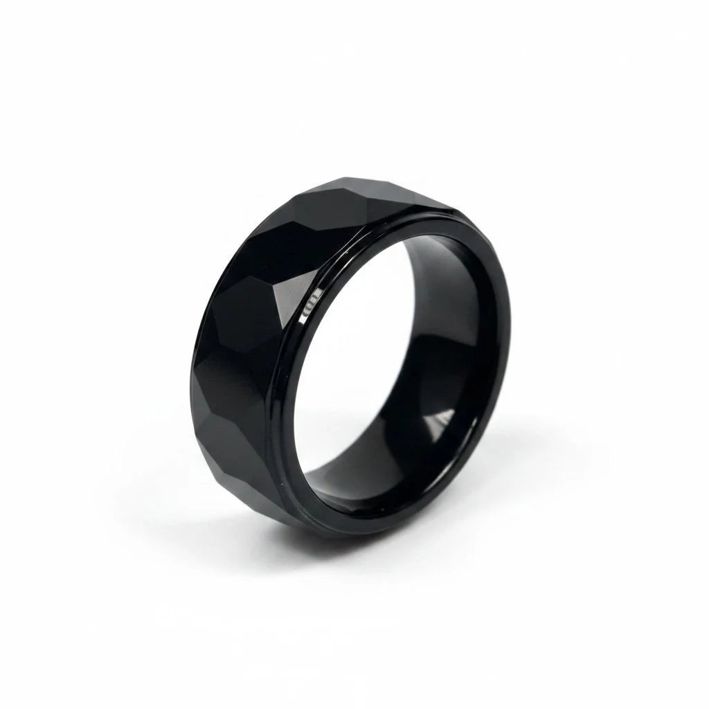 Tungsten Black MULTI Faceted Wedding Band Ring, TNGR00011